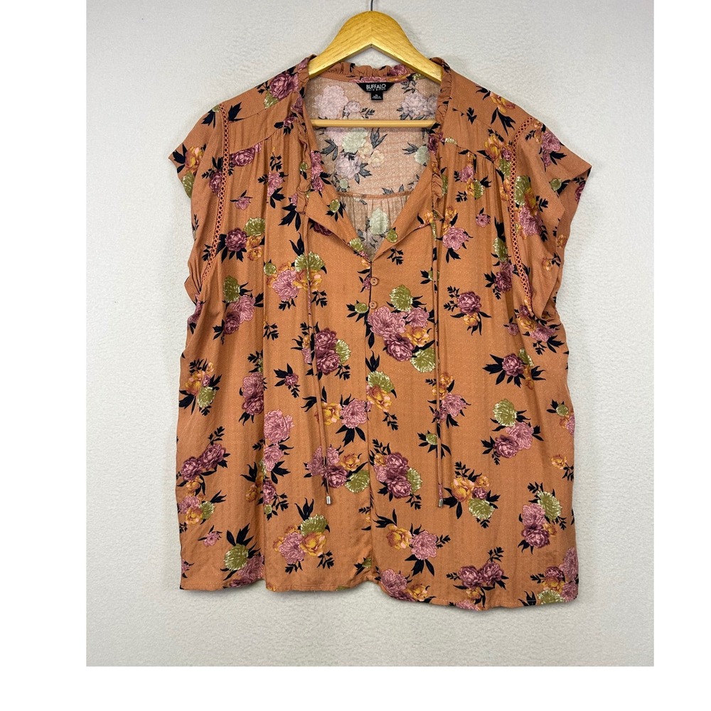 Flowy Floral Buffalo David Bitton Womens XL Terracotta Lace Trim Tie Neck Blouse